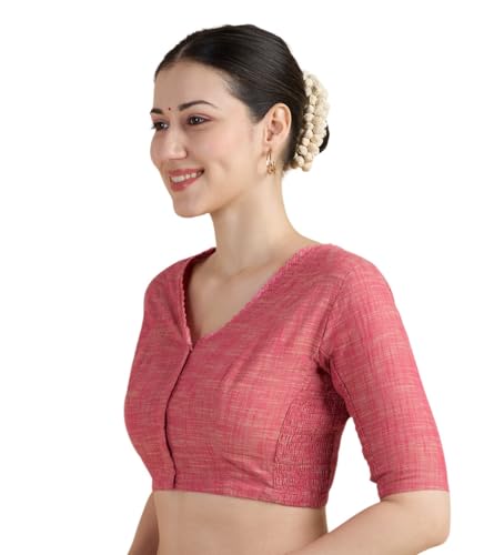Image of Studio Shringaar Women's Handloom Cotton Side Stretchable (Smocked) Readymade Saree Blouse with Crochet Neckline