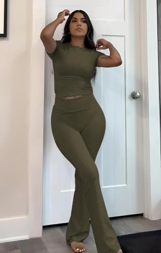 Image of ZFLM Casual Workout Two Piece Outfits for Women Short Sleeve Crop High Waist Foldover Flare Pants Tracksuit Sets Streetwear