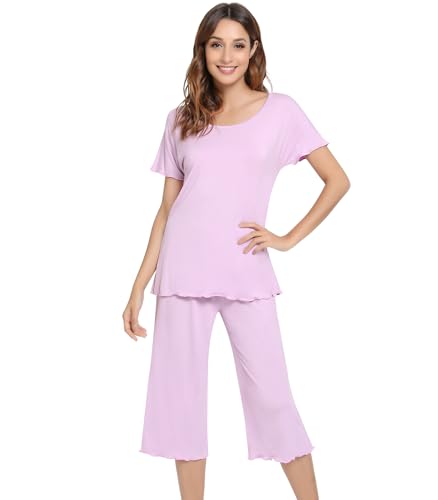 Image of NACHILA Women's Bamboo Viscose Pajama Sets Summer Cooling Short Sleeve Capri Soft Pjs Night Sweats Moisture Wicking Sleepwear