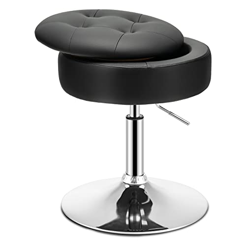 COSTWAY Tabouret de Coiffeuse Pivotante Hauteur Réglable 51-66 CM, Tabouret de Maquillage Couvercle Amovible Rangement Caché, pour Salon, Bureau, Barbier, Noir/Blanc/Rose(Modèle 1, Noir)
