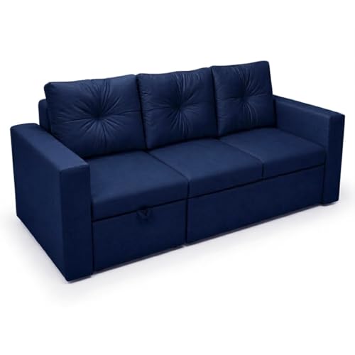 Image of FURNY Tira 4 Seater LHS Lounger Sofa Cum Bed (Dark Blue) with Pull-Out Function | Luxury Velvet Suede Finish | Durable Comfort | Ideal for Living Room