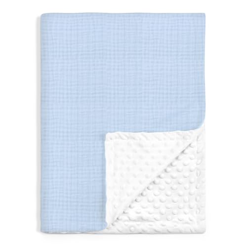 Image of Baby Blankets for Boys, Soft Nursery Minky Blankets with Muslin and Dotted Fleece Back 30x40 inches, Receiving Bed Quilt for Newborn, Infants, Toddlers (Light Blue)