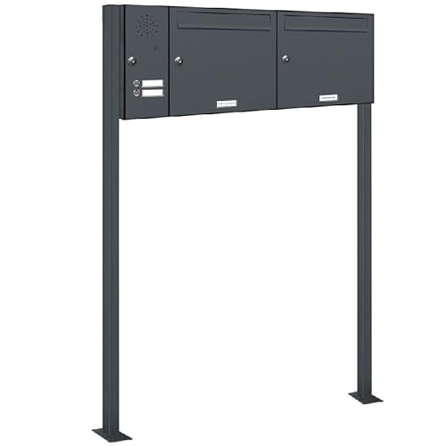 AL Briefkastensysteme 2er Standbriefkasten Anthrazitgrau RAL 7016 mit Klingel als 2 Fach Briefkastenanlage in Postkasten Doppel-Briefkasten Design modern