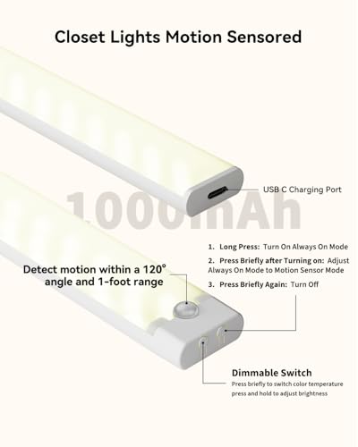 Image of 8Inch Under Cabinet Lighting Wireless 6Pack with 1 Charging Station | Rechargeable Motion Sensor Light Indoor, 3 Color Temps,29LEDs Dimmable Closet Light Stick on,Under Counter Lights for Kitchen