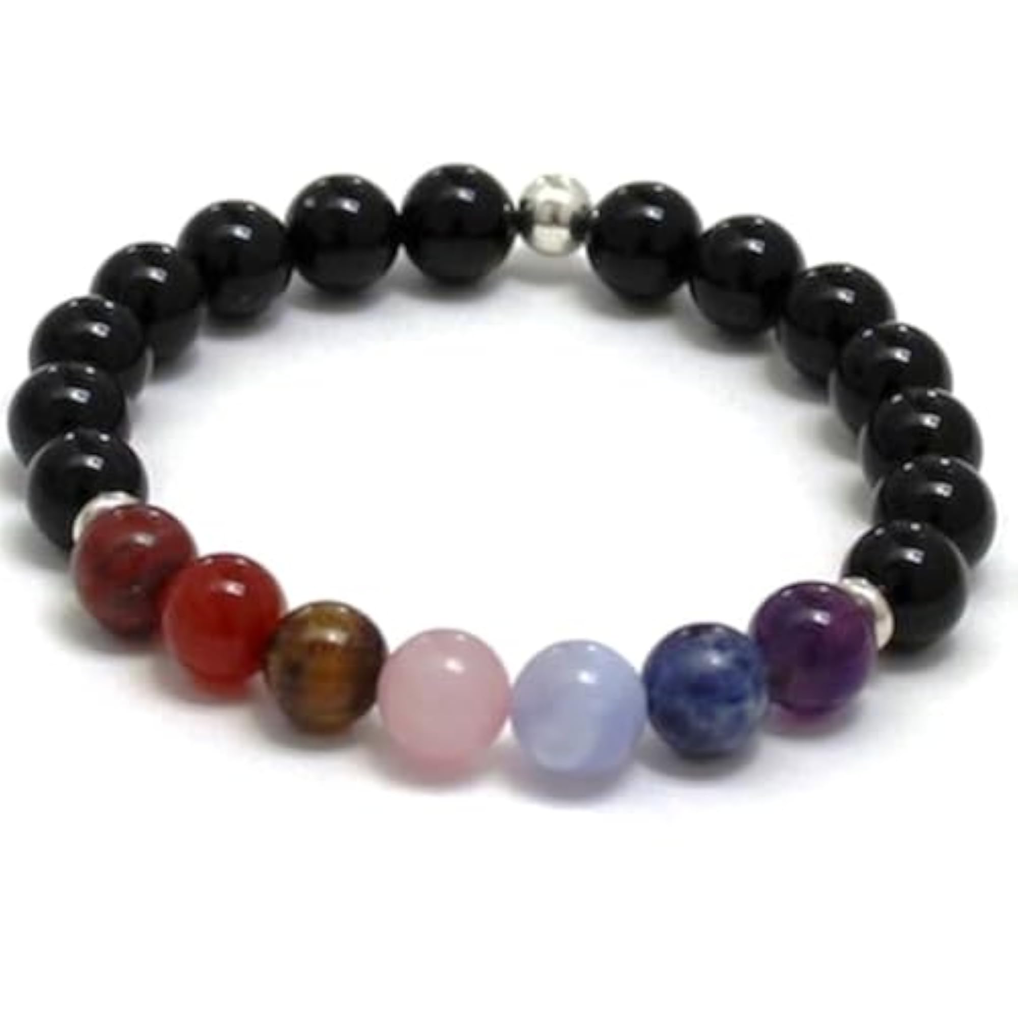 Natural 7 Chakra & Black Spinel Gemstone Stretch Bracelet, Unisex Healing