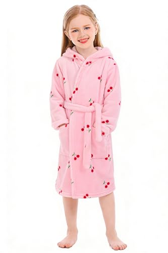 XINNE - XINNE Garçons Filles Robe à Capuche, Robe De Chambre Peignoir Pyjama En Flanelle Douce Unisexe Bambins Vêtements De Nuit Pour Enfants Motif Cerise - -9%