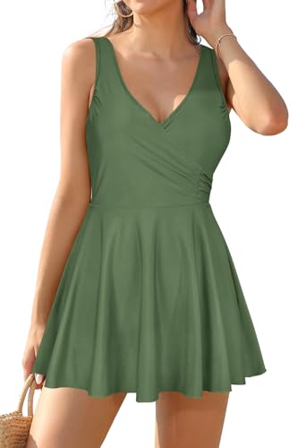 Image of SHEKINI One Piece V Neck Skirt for Women Modest Tummy Control Swimdress Bathing Suits Swimsuit