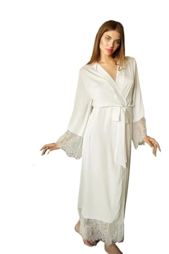 LIZHAYG Bata Saten Mujer Bata de Novia con Mangas de Encaje, Bata Blanca de Encaje Estilo Boudoir, Bata Larga Tipo Kimono for Boda, Bata de Dama de Honor for Mujer(L)