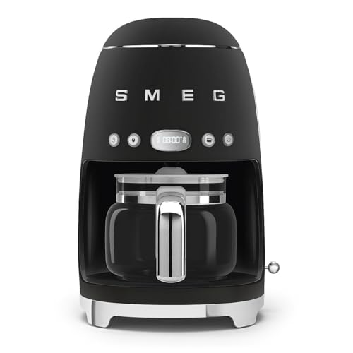 Image of Smeg 50's Retro Style Aesthetic Drip Coffee Machine with 10 Cup Glass Carafe, Auto Start Feature, Keep Warm Plate, and Two Coffee Strength Settings (Matte Black)