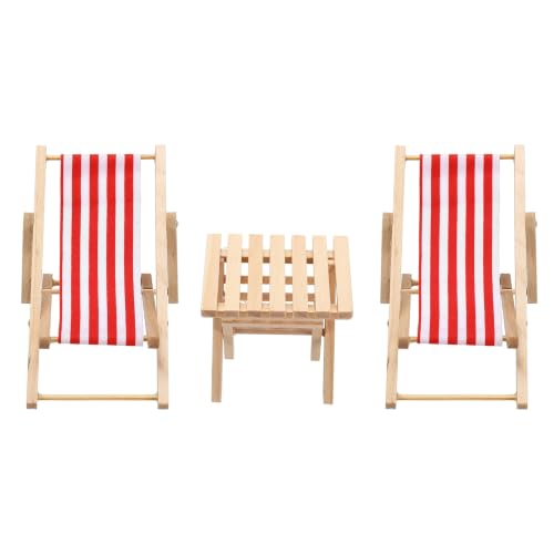 PATIKIL 3Pcs Miniature Beach Chair Table Mini Dollhouse Furniture Red