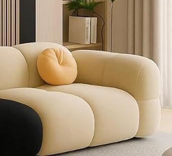 Image of CRAFTCITY Pumpkin Style Wooden Sofa | Contemporary Wool Sofa with Swen Pillow Back for Living Room (Black & Beige, 3 Seater)
