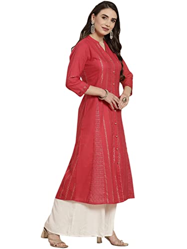 Image of Juniper Red Cotton Dobby Printed A-Line Kurta with Mask