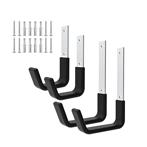 Juformin Heavy Duty Utility Hooks for Garage Storage 4 J-shape Hooks, Silver and Black, Wall Mount, Steel, PVC