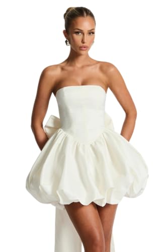 Satin Short Wedding Dress for Bride A-Line Strapless mini Bridal Gown with Bow