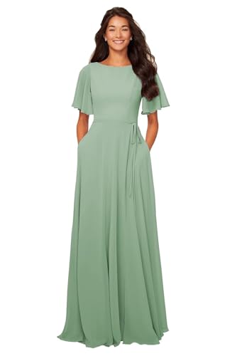 Image of petyoo Chiffon Flutter Sleeve Bridesmaid Dresses with Pockets Sash Long A Line Formal Dress