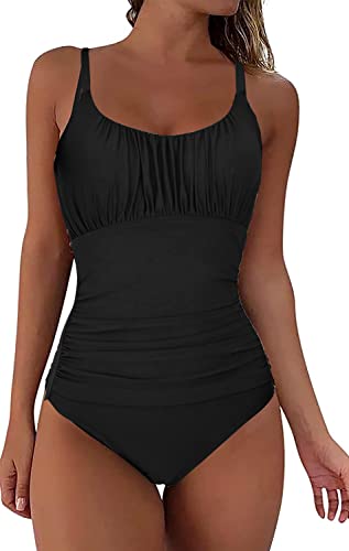 NLAND Traje de Baño de una Pieza para Mujer Correas Espaguetis Mujer Pliegues Bañador Bikini Retro(Negro,S)