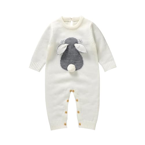 Hadetoto Baby Easter Outfits Newborn Girl Boy Bunny Romper Jumpsuit Longsleeve Knitted Soft Cosy Warm Clothes (White, 9-12 Months)