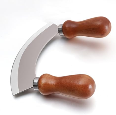 5.4 Inch Stainless Steel Mezzaluna Knife - Salad Chopper Rocker Pizza Cutter Rocker Knife Curved Blade Sharp Blade Double Acacia Wood Handle Fruit Vegetable Mincing (5.4 Inch Silver)
