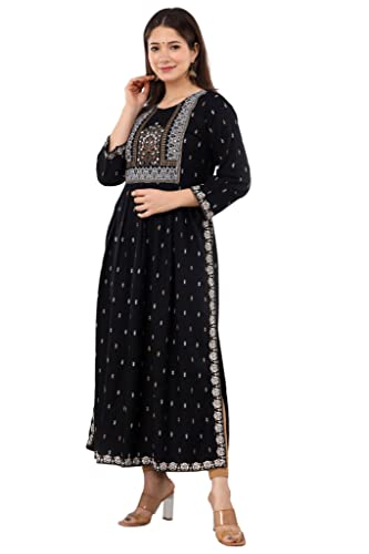 Image of Ayukta Women's Geometric Regular Rayon Printed Mirror Work Nyra Cut Kurta