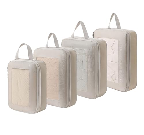 Packing Cubes 4 Set Compression Travel Packing Bags Suitcase Organisers for Clothes Travel Cubes Storage Bag Luggage Accessories (Beige)