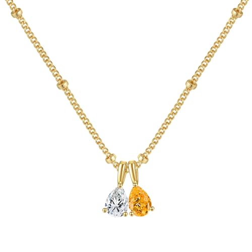 Turandoss 2 Teardrop Birthstone Necklace for Women – Personalized 14K Gold Plated Created Topaz Citrine November Crystal Birthstone Pendant Necklace Jewelry, Dainty Birthday Gifts for Women