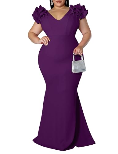 Image of Ekaliy Women's Plus Size Maxi Dress Elegant V-Neck Ruffle Sleeves Bodycon Mermaid Evening Gown
