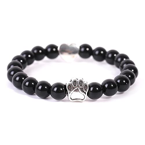 Bracelet perles onyx noir et patte de chien, le cadeau idéal en cristal pour homme et femme