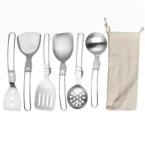 6Pcs Camping Cooking Utensil Set，Camp Kitchen Utensil Set，Stainless Steel Portable