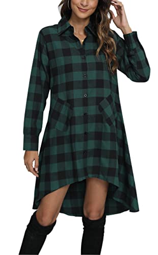 olrain Womens Plaids V Neck Long Sleeve Irregular Hem Casual Shirt Dress (Medium, Green) - image 2