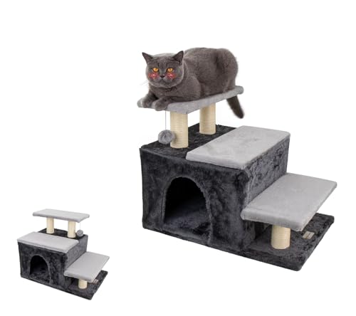 Hapineko(ハピネコ)3in1 キャットタワー ミニ 猫 犬 ステップ 段階 ハウス 爪とぎポール ボール スタイル調整可能 シニア猫/子猫/小型犬対応 ジャンプの苦手な猫ちゃん 密度UP30% MDF板採用 省スペース コンパクト 高さ48CM (