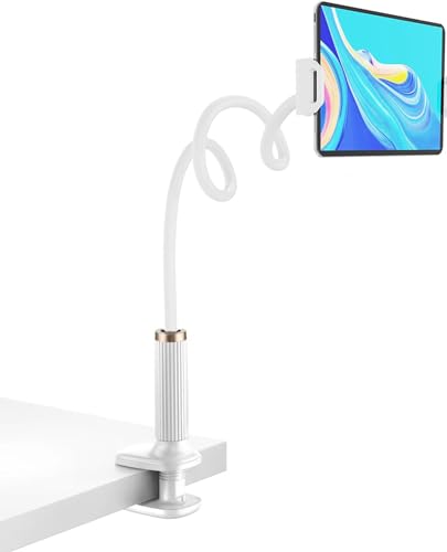Schwanenhals Tablet Halterung, Tablet Halter – Flexibler Verstellbarer Arm im Bett für Tablet Halter 360°Drehbarer Sockel für Ipad/Handy/Switch/Samsung Galaxy Tabs/usw, 98cm Gesamtlänge (Weiss)