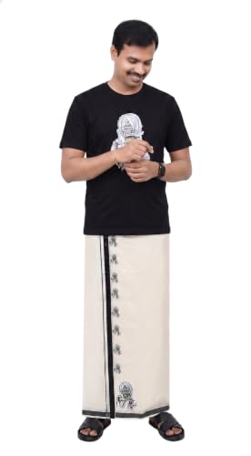 Image of Mens Print along with Border 100% Cotton Cream Dhoti 4.00 Meters Double Mundu /Vesti