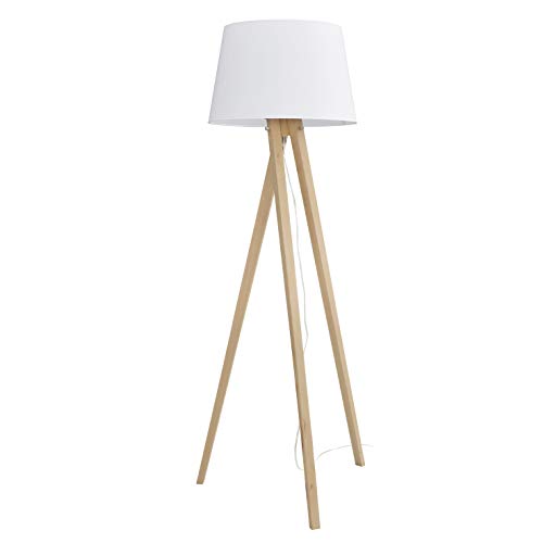 EXO lighting - Lámpara pie de salón LARS haya-blanca portalámpara E27 interior IP20 Pantalla algodón blanca incluida. Lámpara trípode para salas de estar, comedor y dormitorios