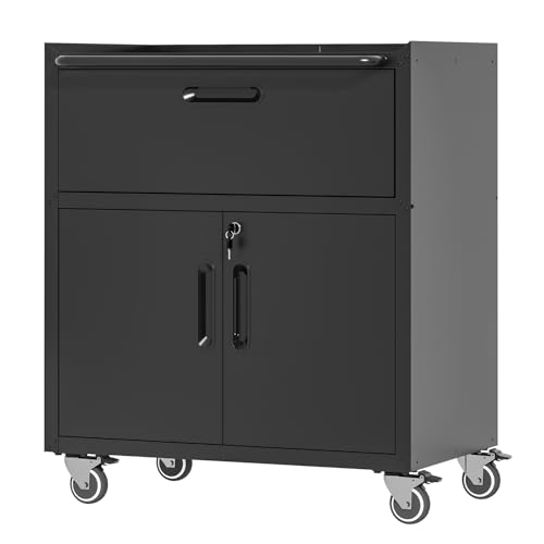 AVGVLIJ Metal Tool Storage Cabinet, Rolling Tool Chest, Garage Lockable Storage Cabinet with Drawer and Wheels for Garage, Office, Home (Black)