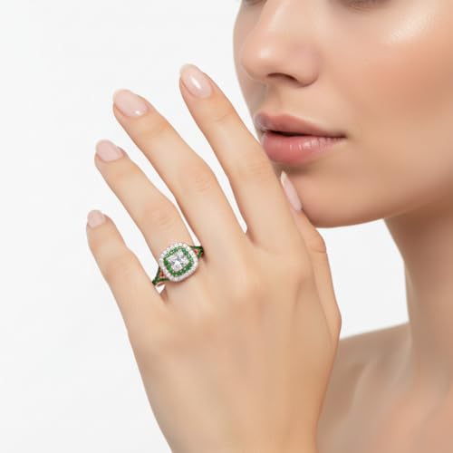 Image of Choose Your Gemstone Delicate Double Halo Diamond CZ Ring Rose Gold Plated Princess Shape Halo Engagement Rings Matching Jewelry Wedding Jewelry Easy to Wear Gifts US Size 4 to 12