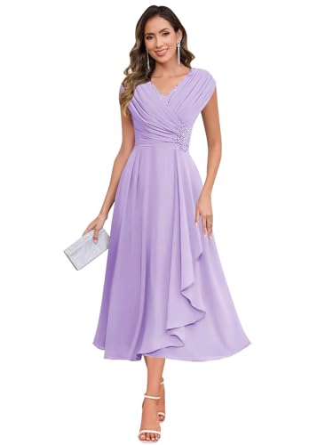 Image of SOLODISH Mother of the Bride Dresses for Wedding Tea Length Chiffon A Line Formal Wedding Guest Party Gown