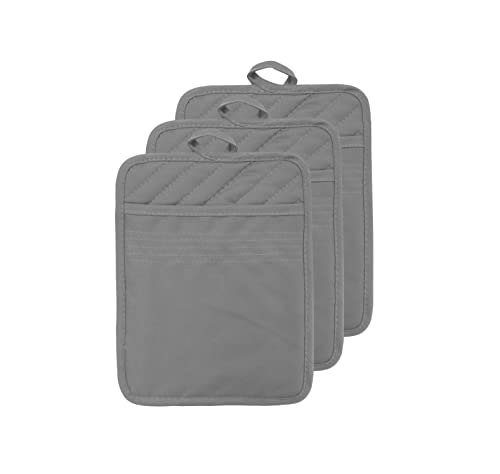 VEIKERY Oven Pot Holder with Pocket Cotton Heat Resistant Coaster Potholder Kitchen Hot Pad Oven Mitts for Cooking Square 7"x9" Set of 3 (Grey)