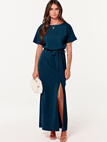 Anrabess Women's Batwing Sleeve Tie Waist Long Dresses Formal Party Wedding Guest Side Split Maxi Dress A951-Shenlan-L #TOP7