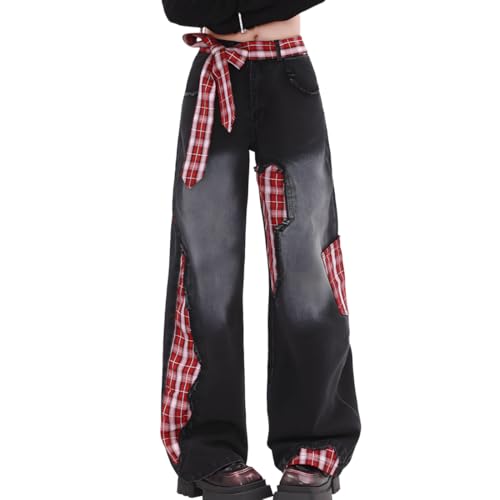 Gothic Y2K Grunge Kawaii Vintage Casual Straight Wide Leg Plaid Ribbon Applique Decor Denim Pants for Women