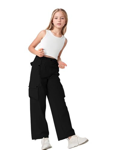 Image of HENGAO Girls Cargo Pants Parachute Casual Jogger Y2K 5-14 Years | Kids Baggy pants Parachute, Drawstring, with Pockets, Elastic High Waist, Loose Trousers Streetwear
