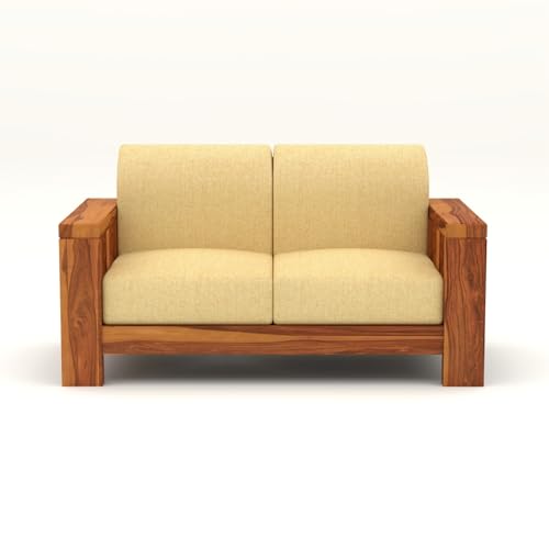 Image of NATRAJ ART & CRAFT Solid Wood 2 Seater Sofa for Living Room | Wooden Frame Fabric Cushioned Loveseat Sofa with Armrests| Modern Comfortable Couch for Home & Office (Honey Finish)