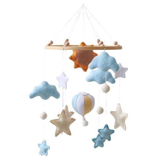 Soft Handmade Felt Sun Hot Air Balloon Crib Mobile, Hanging Cloud, Star, and Balloon Decorations, Safe for Infants, Ideal Nursery Décor