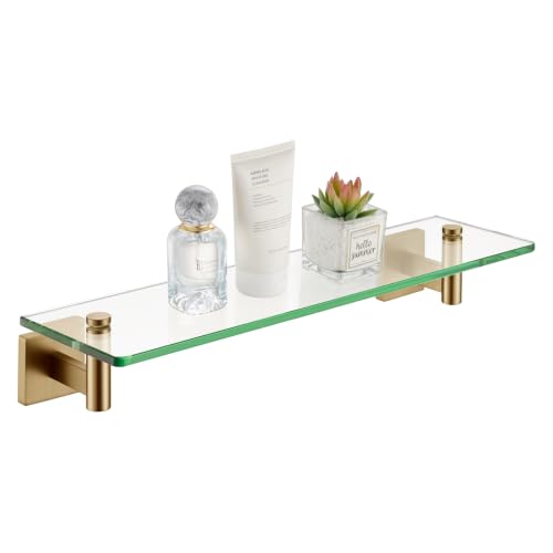 KOKOSIRI Wall Shelves Bathroom Hardware Glass Floating Shelf 20-Inch for Bedroom, Living Room, Kitchen, Hanging Rack Champagne Bronze B1105CPG-L20