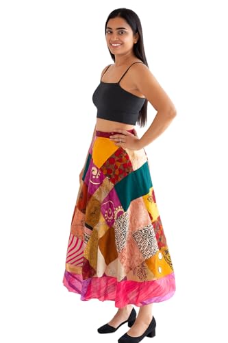 RAJBHOOMI HANDICRAFTS Silk Vintage Patchwork Wraparound Long Skirt - Women's Long Maxi Skirt Boho Skirts Summer Skirts for Women Boho Colorful Maxi Multicolor2