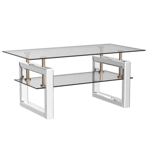 Rectangular Mirrored Glass Coffee Table, Modern Side Coffee Table with Transparent Tempered Glass and Steel Frame for Living Room - Thumbnail 4