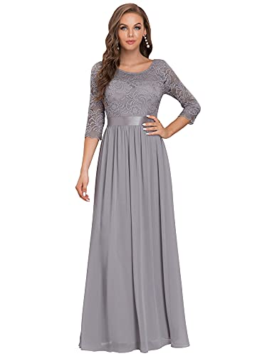 Ever-Pretty Women Lace Elegant 3/4 Sleeve Chiffon Maxi Wedding Guest Dress Grey US10