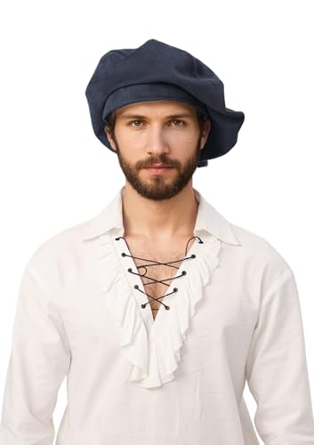 HidmFaw Renaissance Hat Men Medieval Beret Tudor Hat Ren Faire Muffin Cap Minstrel Costume Accessory (Blue)