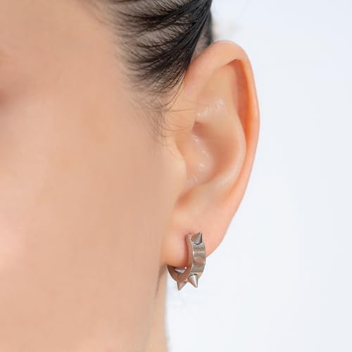 LotusUS Black Spiked Huggie Earrings (Pair), Silver Spike Hoops, Unisex Stainless Steel Hoop Earrings, Gothic Black Jewelry, Women Men Hoop Earrings, Punk Huggies4
