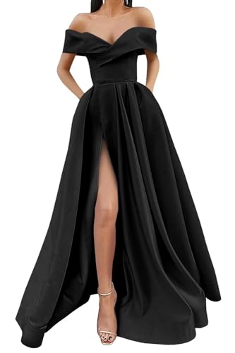 SoDigne Off Shoulder Long Slit Prom Dresses for Women A-Line Backless Satin Formal Evening Party Gown with Pockets
