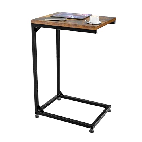 Simple Trending C Shaped End Table, TV Tray for Couch, Small Side Table with Metal Frame, for Living Room Bedroom, Rustic Brown